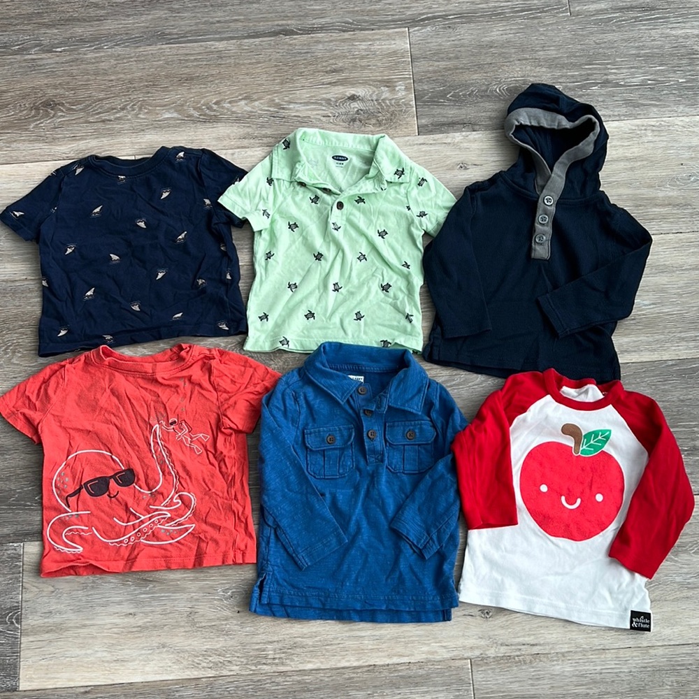 Lot of 6 boys shirts tees short, long sleeve, Old Navy, Whistle and Flute 12-18m
